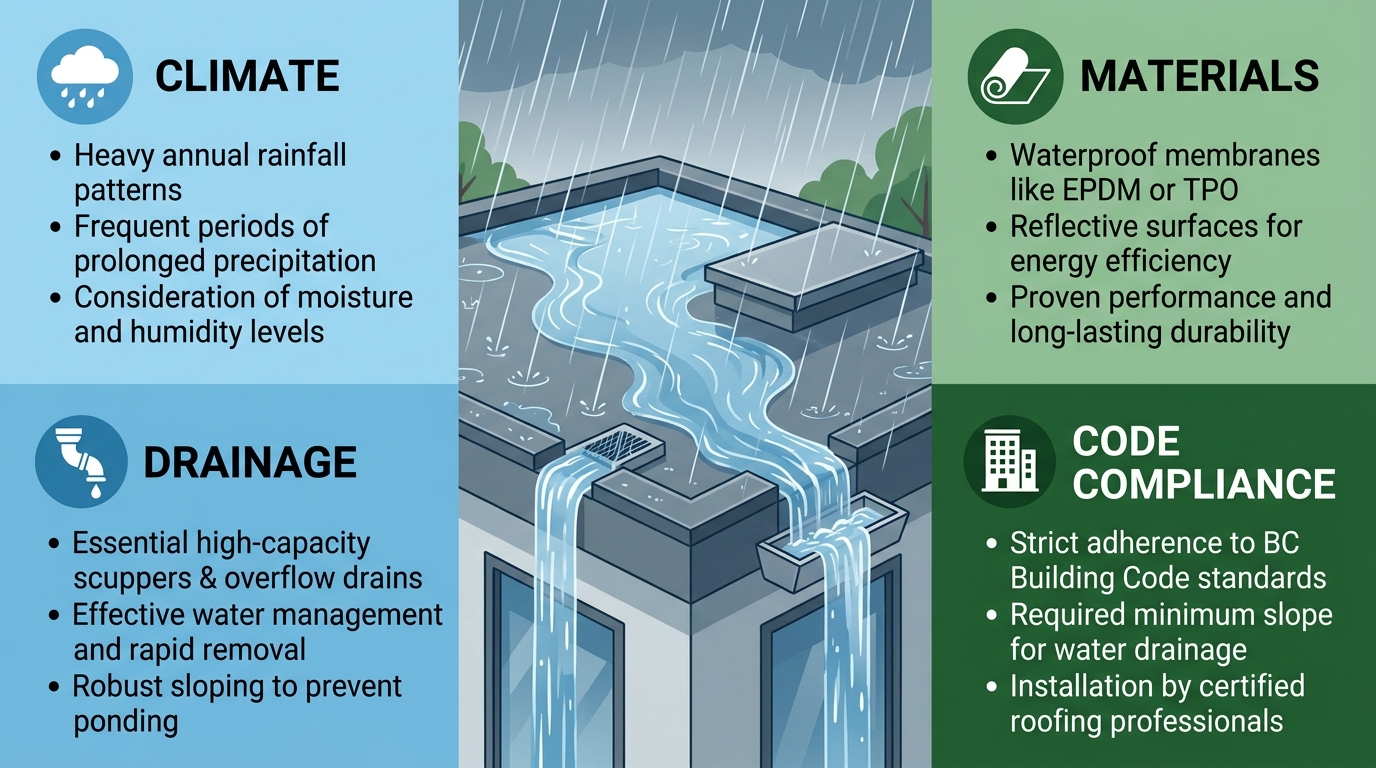 Infográfico com quatro seções sobre considerações para telhados planos: clima, drenagem, materiais e conformidade com o código, com ícones e texto breve, usando paleta azul e verde.