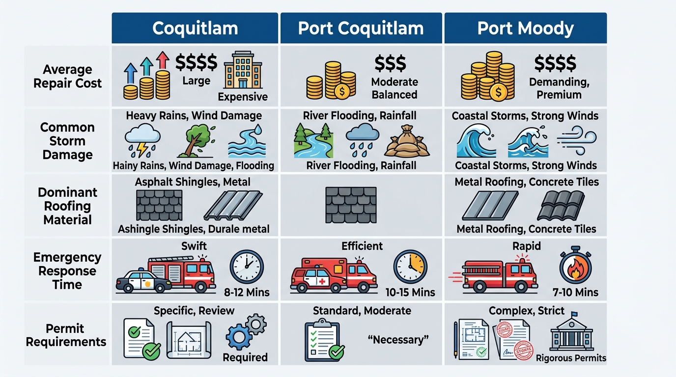 Comparison infographic for roofing services across Coquitlam, Port Coquitlam, and Port Moody with rows for repair cost, storm damage, materials, response time, and permits.