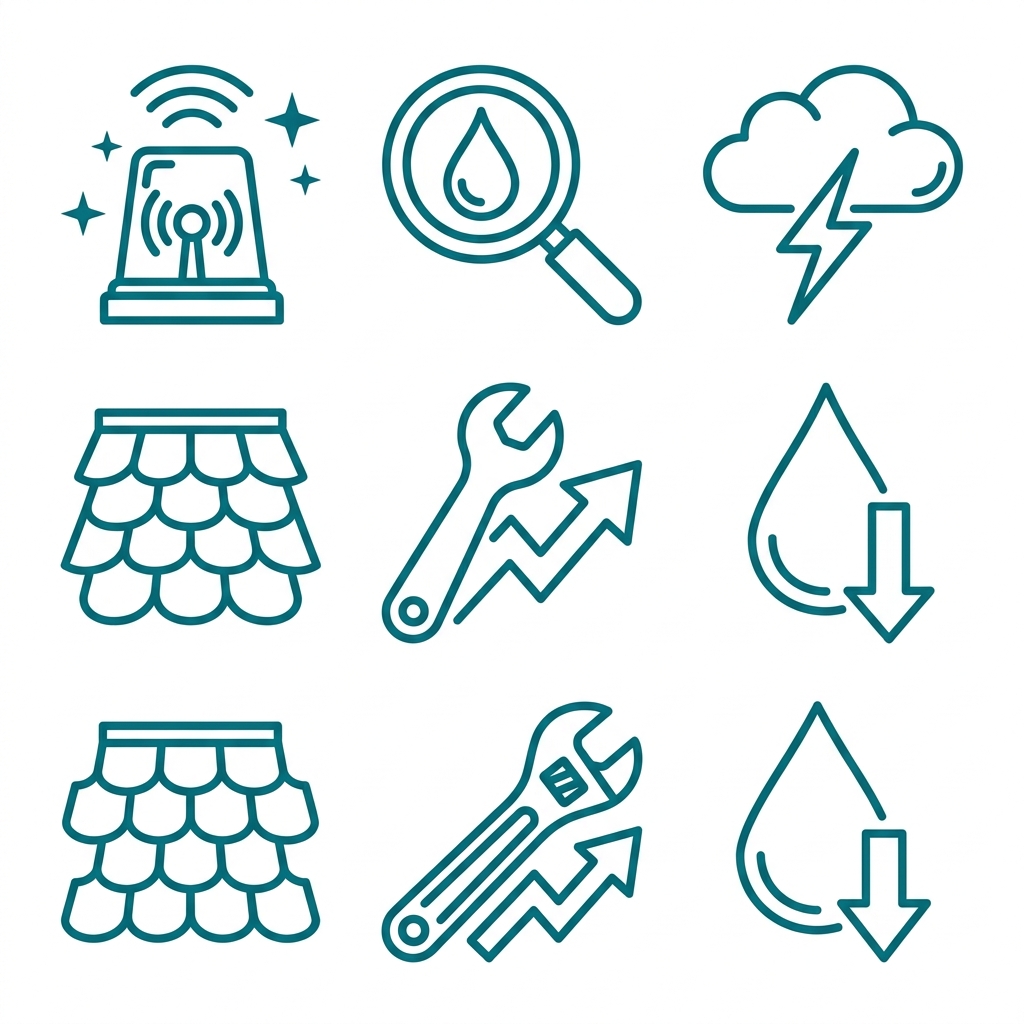Grid of six teal outline icons for roof repair services including emergency repair, leak detection, storm restoration, shingle replacement, flashing repair, and gutter maintenance.