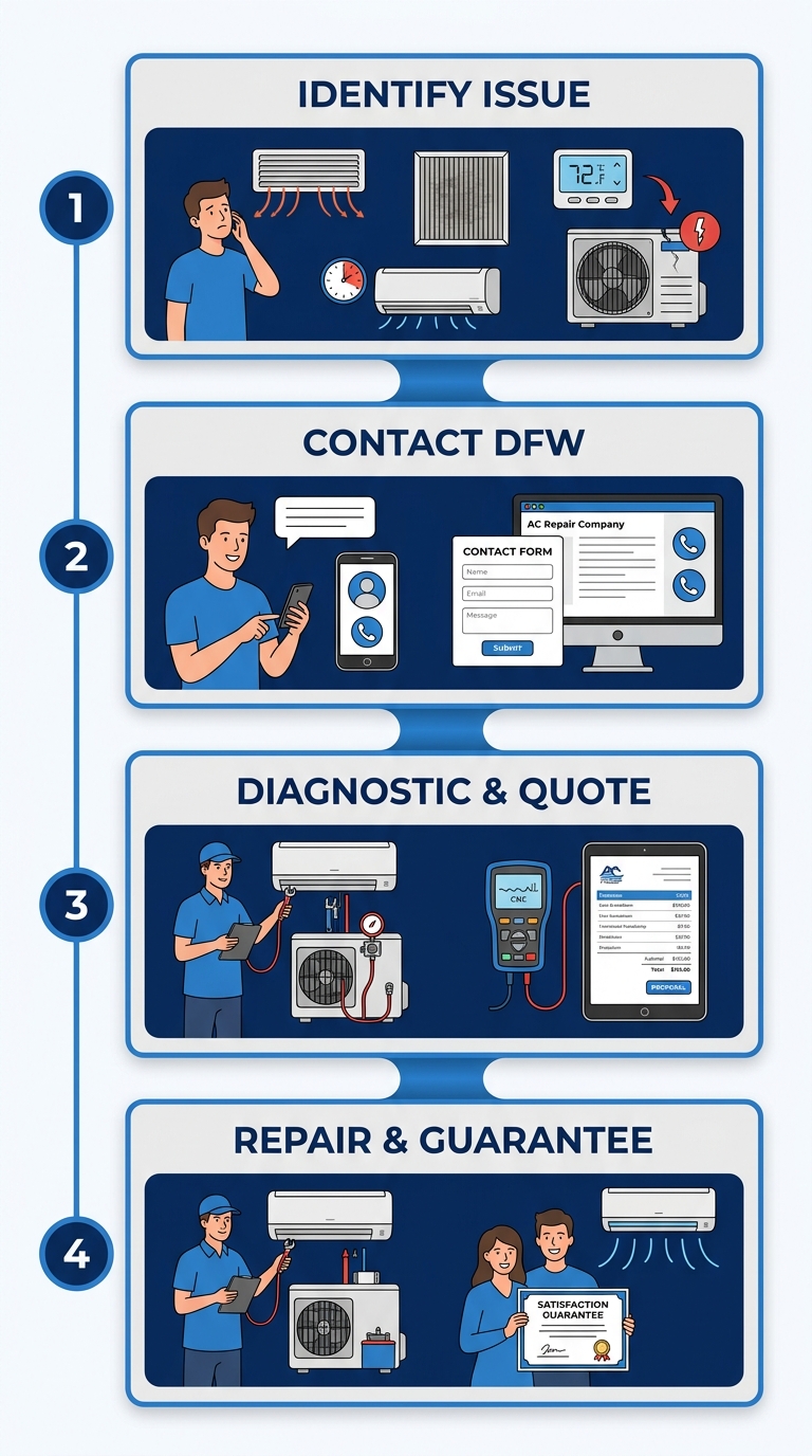 Vertical process flow illustrating steps to get started with professional AC repair