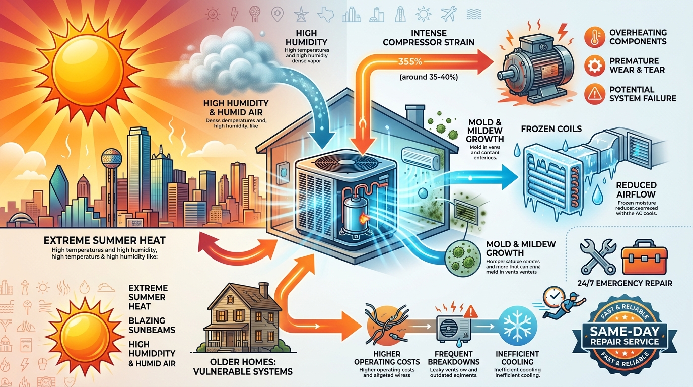 Infographic showing climate effects on AC systems in Dallas-Fort Worth
