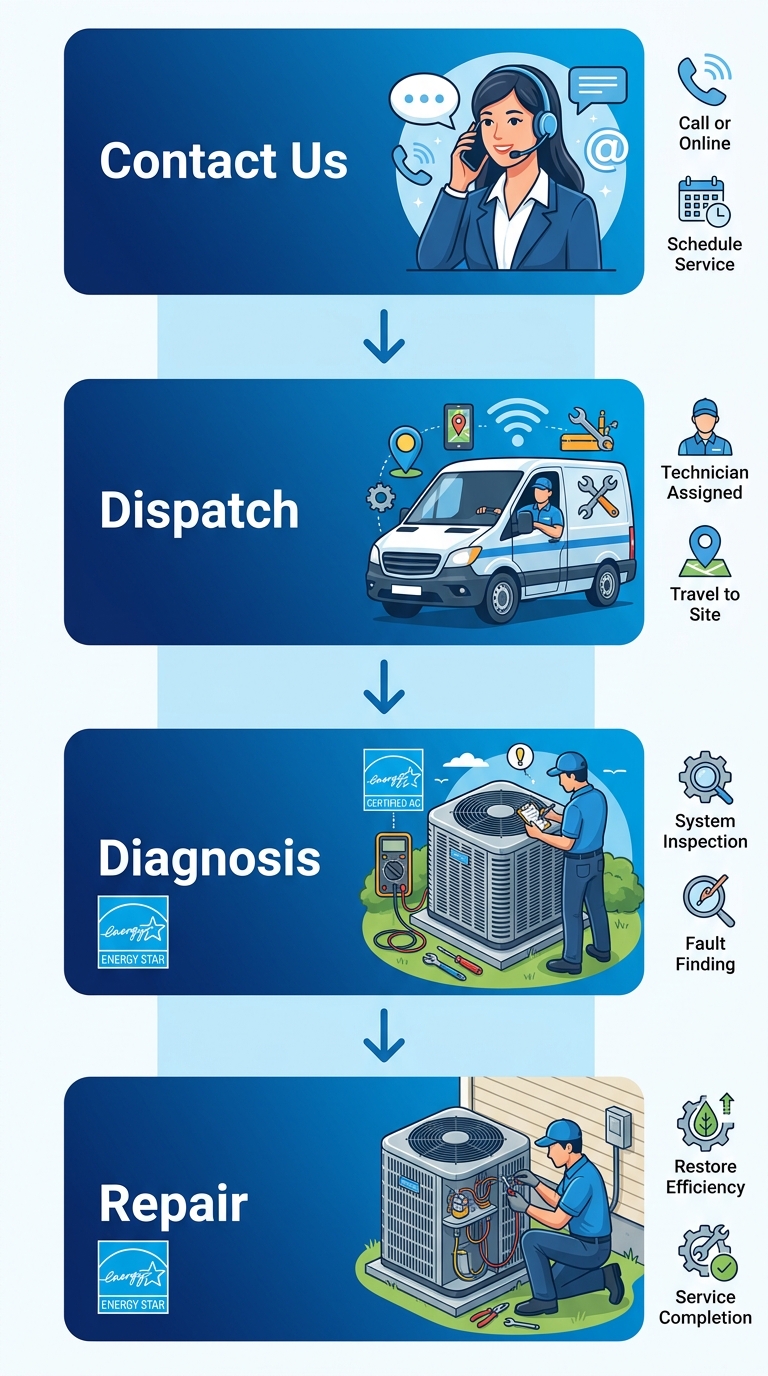 Vertical process flow showing four steps to AC repair in Dallas: contact, dispatch, diagnosis, and repair.