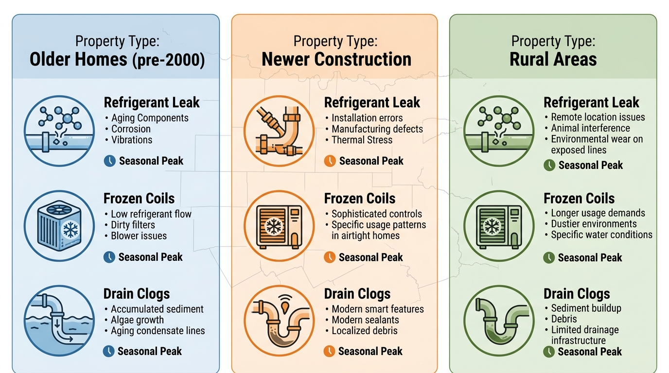 Infographic comparing HVAC issues in Dallas-Fort Worth by home type: older homes, new construction, and rural areas with common problems