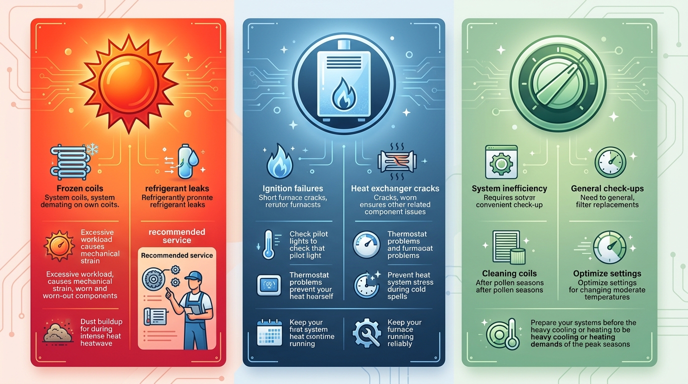 Three column infographic showing summer, winter and spring-fall HVAC challenges in Arlington Texas with icons and recommended actions.