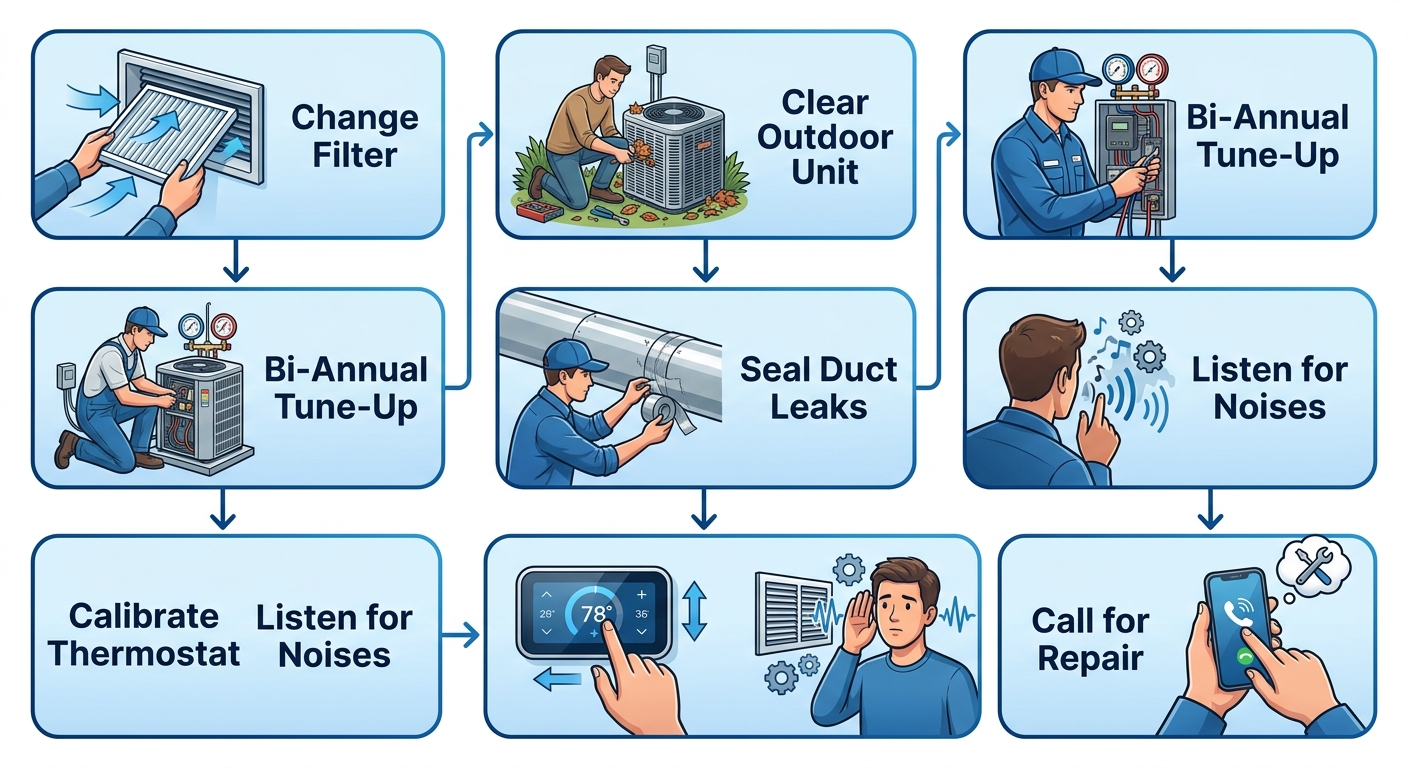 Seven-step vertical HVAC maintenance process flow diagram with icons and labels