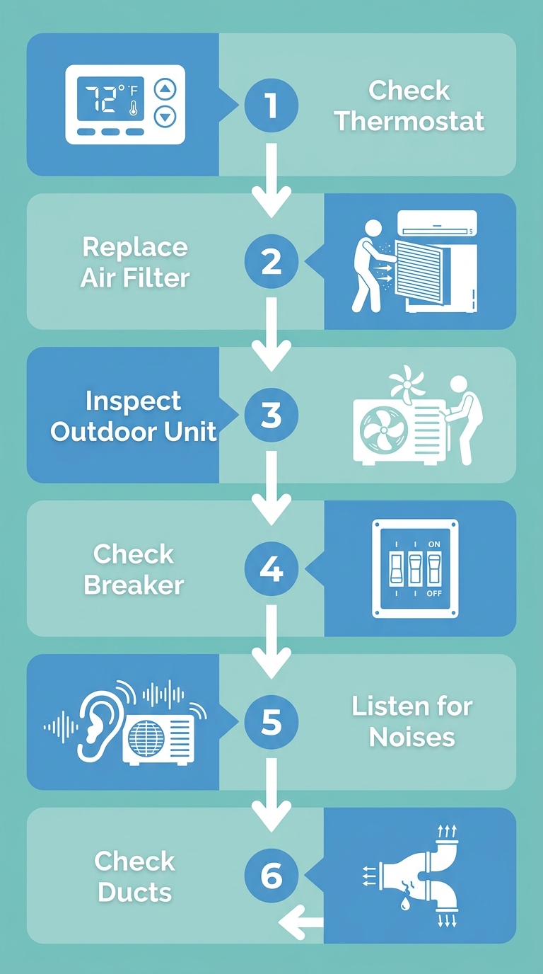 Vertical process flow diagram showing six steps to take when your AC needs attention: check thermostat, replace air filter, inspect outdoor unit, check breaker, listen for noises, and check ducts.