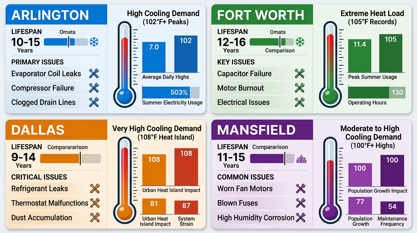 Infographic comparing AC lifespan, common issues, and cooling demand across Arlington, Fort Worth, Dallas, and Mansfield with city cards, thermometer and wrench icons