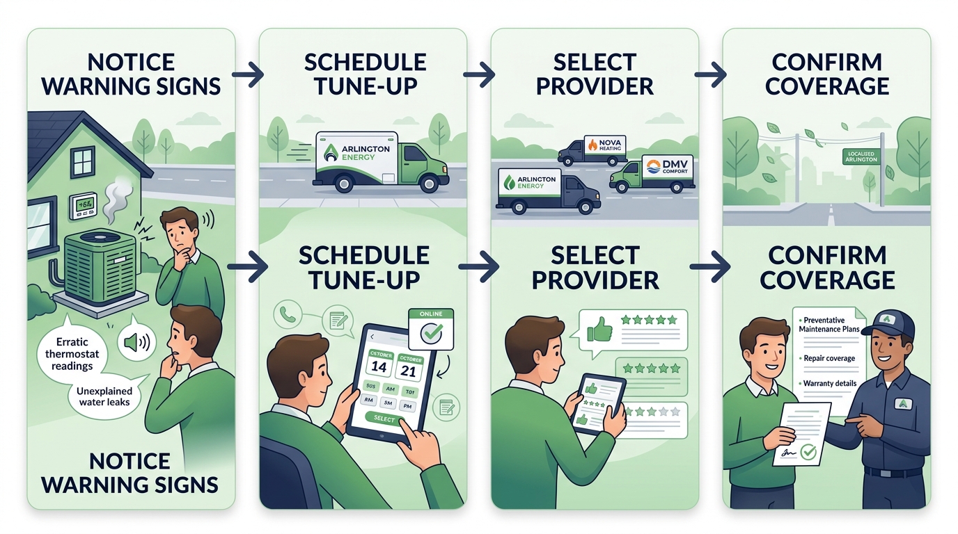 Horizontal process flow diagram with four connected steps for finding reliable HVAC service in Arlington, using subtle green and navy colors.