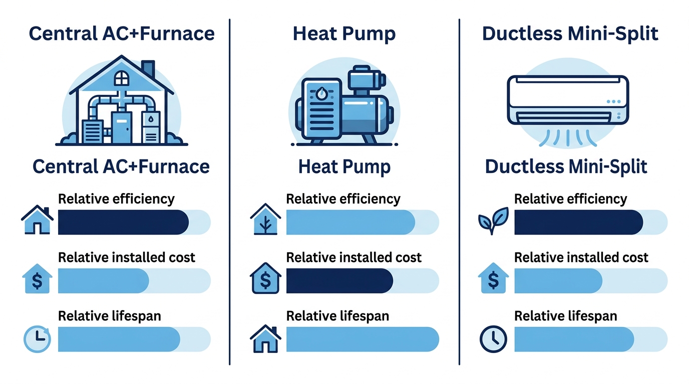 Three-column infographic comparing HVAC system types for Arlington homes: Central AC and Furnace, Heat Pump, and Ductless Mini-Split with proportional efficiency, cost, and lifespan bars.