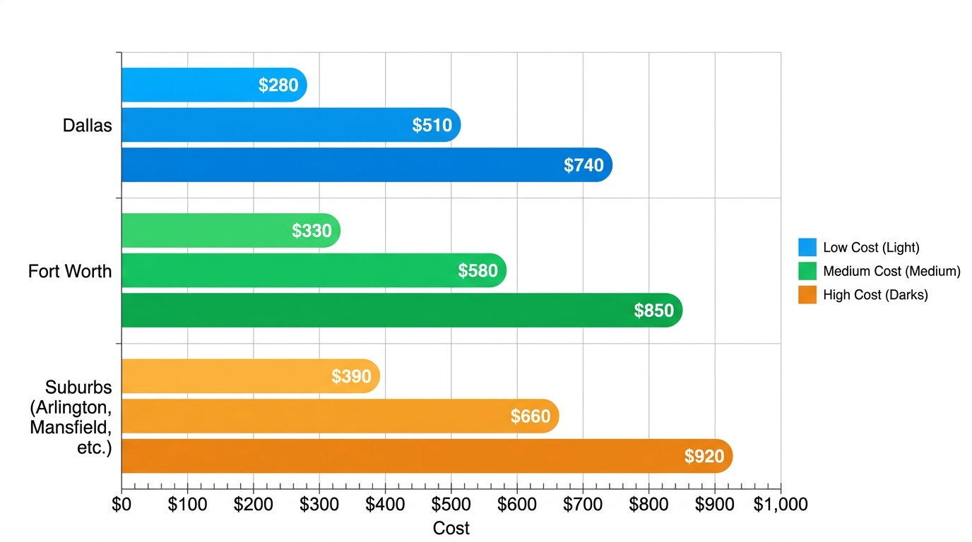 Horizontal bar chart comparing average residential AC repair costs across Dallas, Fort Worth, and DFW suburbs with color-coded bars and cost range labels.