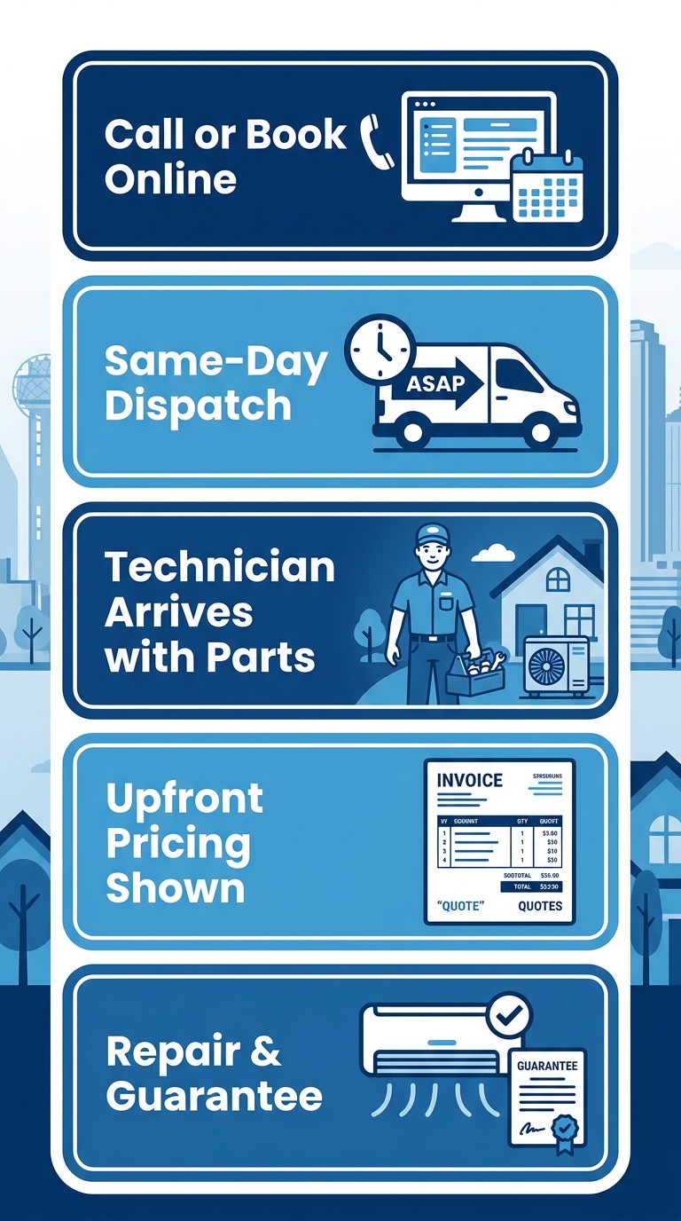 Step-by-step process showing how to get fast AC repair in Dallas Texas from start to finish