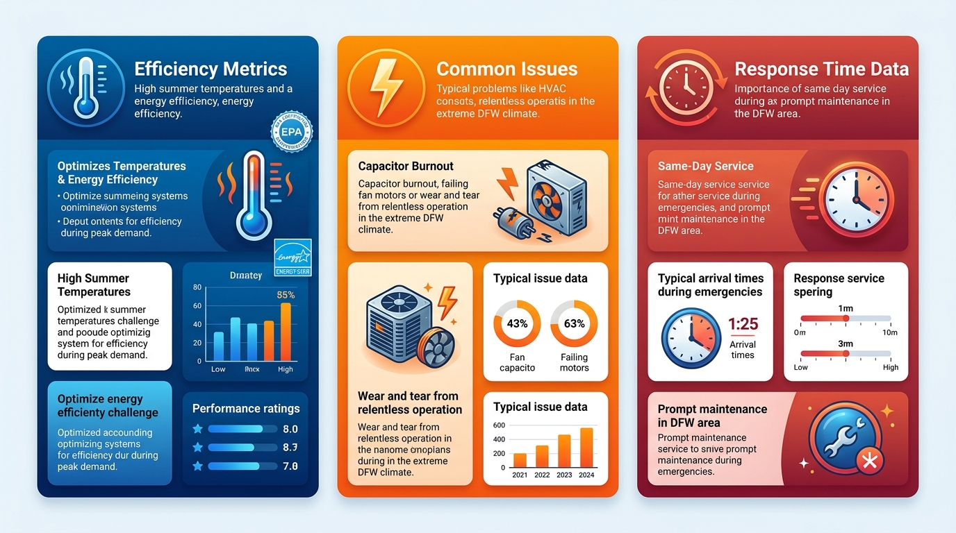 Three-panel comparison infographic for HVAC considerations in Arlington, Fort Worth, and Dallas showing typical challenges and response times.