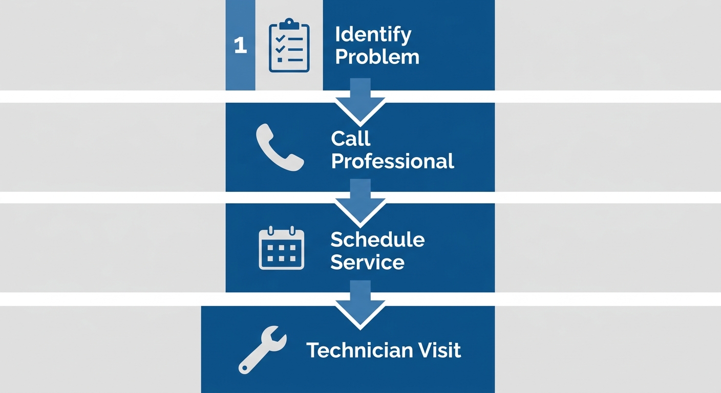 Vertical process flow diagram showing four steps for HVAC repair: Identify Problem, Call Professional, Schedule Service, and Technician Visit.