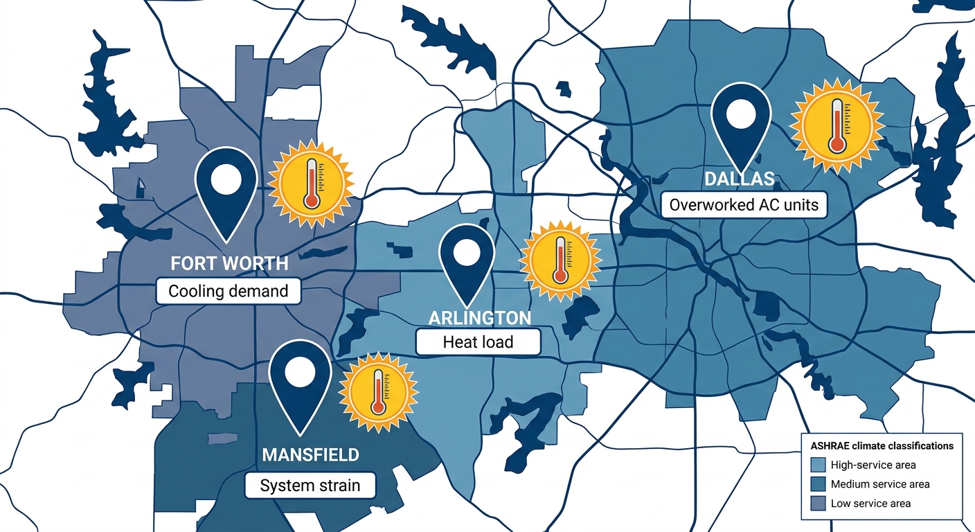 Infographic map of the Dallas-Fort Worth metroplex highlighting service areas Dallas, Arlington, Fort Worth, Mansfield with climate icons and HVAC challenge labels. Professional style with blue and white brand colors.