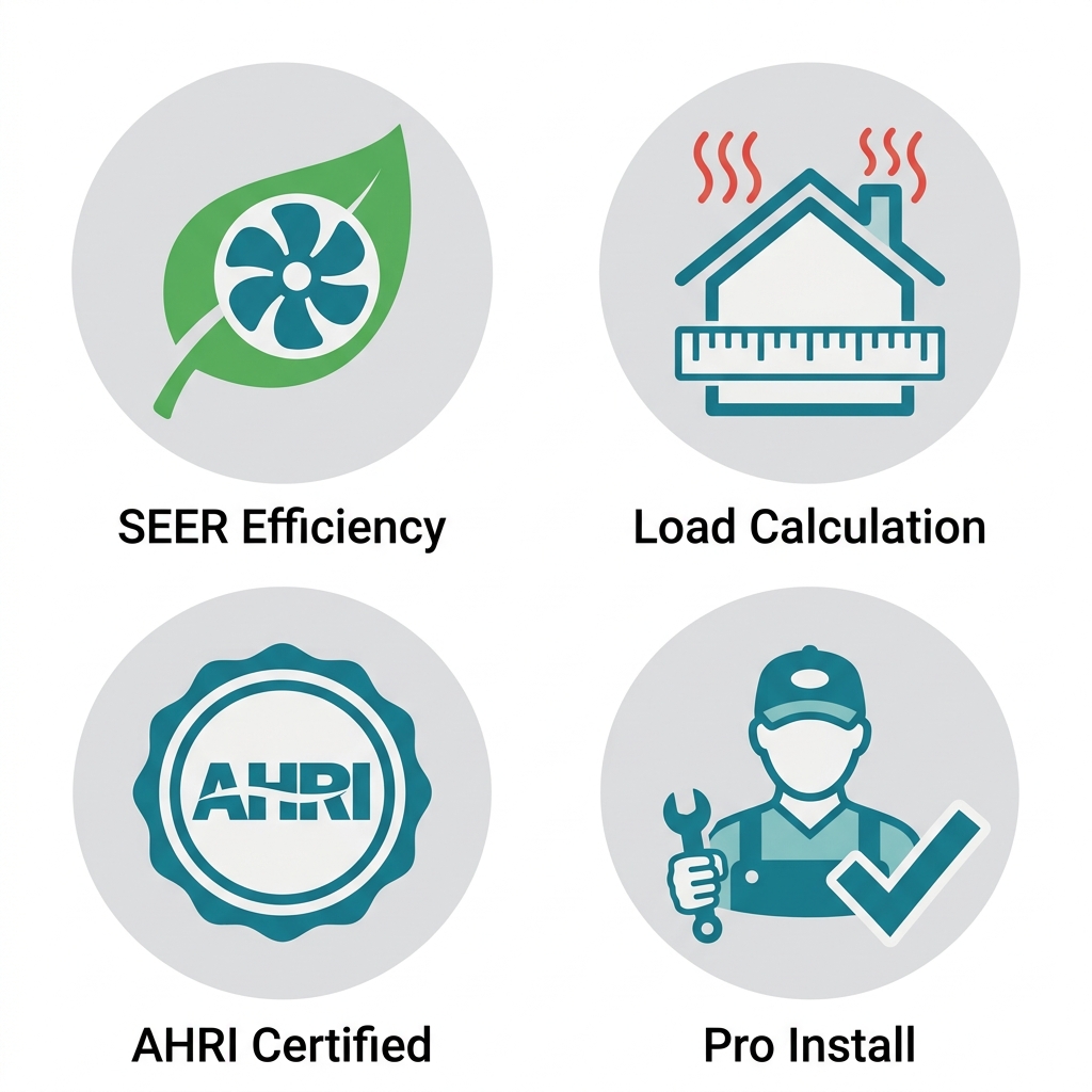 Icon set showing four smart HVAC choices: SEER Efficiency with leaf and fan, Load Calculation with house and ruler, AHRI Certification badge, and Professional Installation with technician and wrench