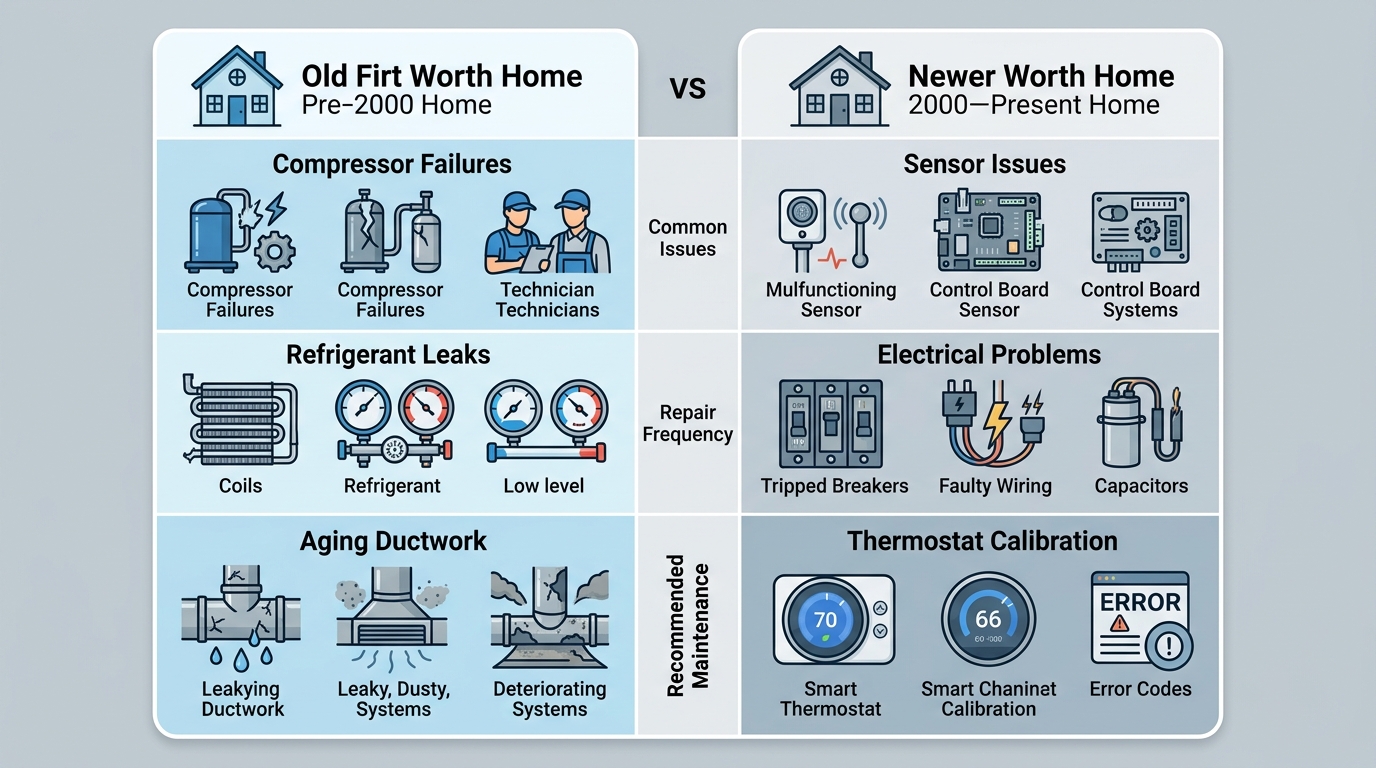 Side-by-side infographic comparing common AC repair needs in older and newer Fort Worth homes