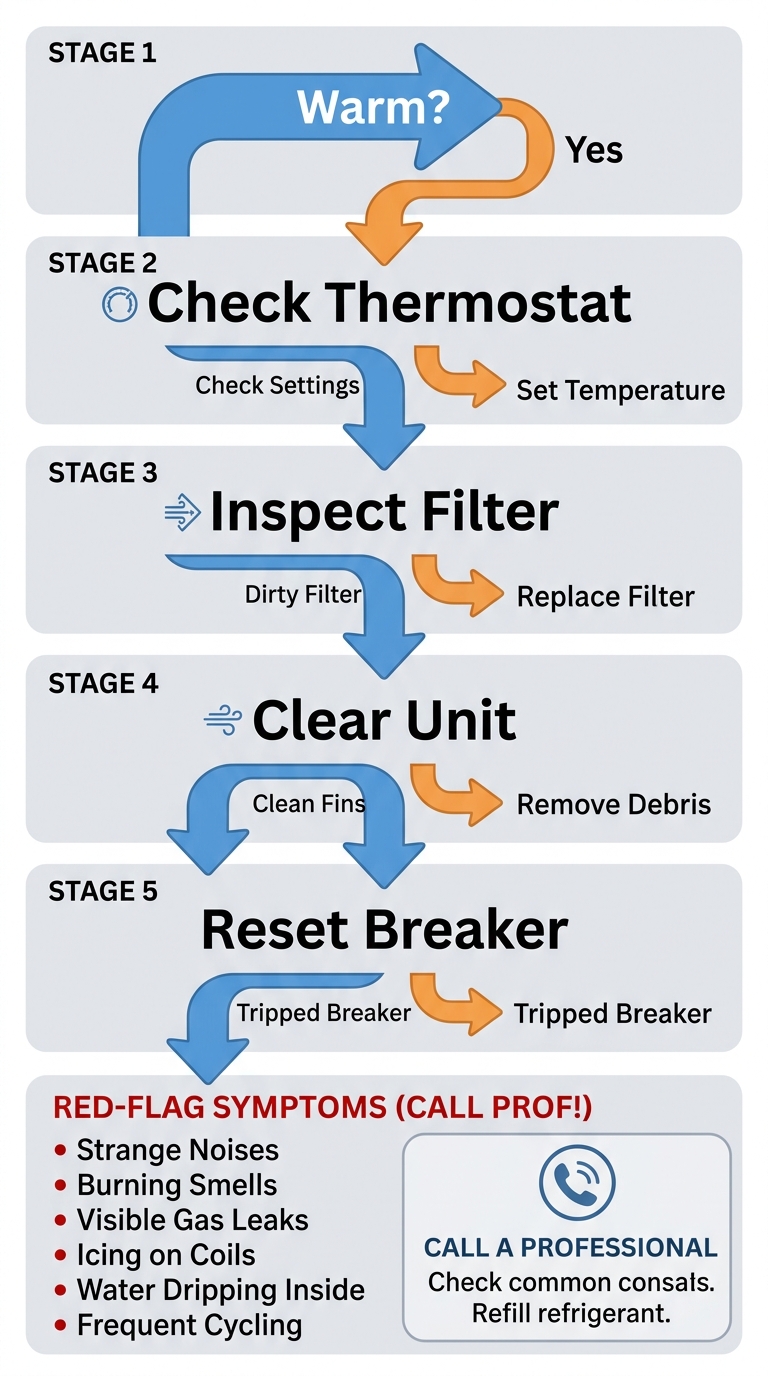 Vertical decision-tree process flow for DIY AC troubleshooting showing diagnostic steps and red-flag symptoms leading to professional service call