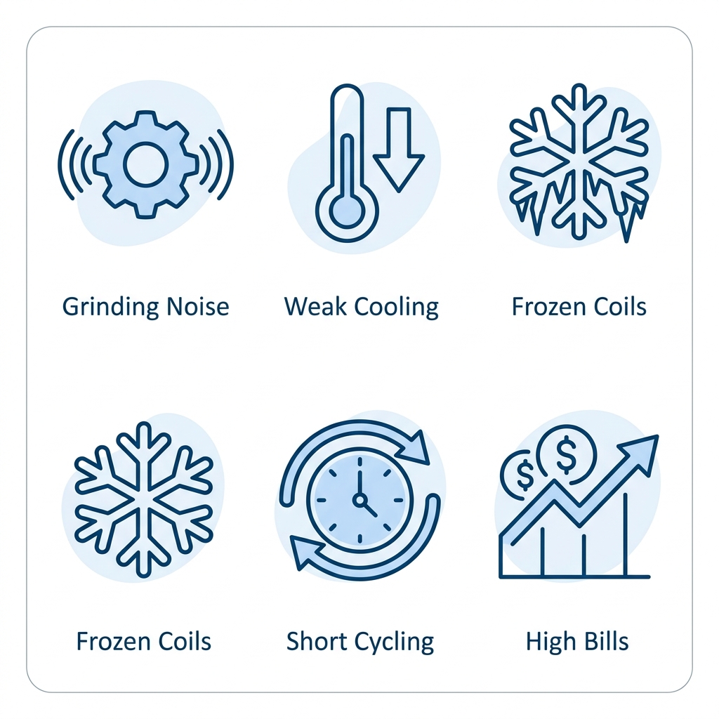 Icon set showing five warning signs for air conditioning repair: loud grinding noise, insufficient cooling, frozen coils, frequent cycling, and high energy bills.