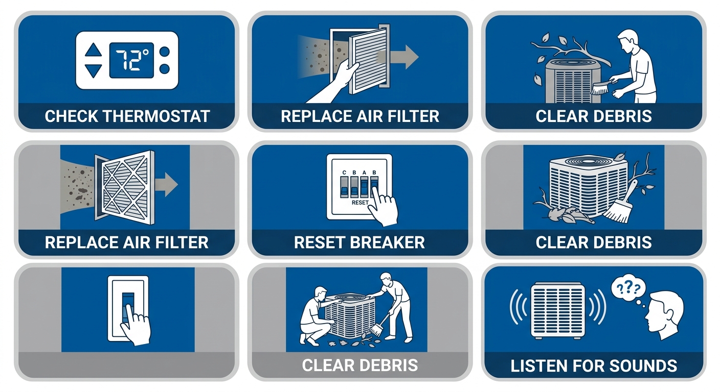 Step-by-step DIY AC troubleshooting guide showing five vertical stages with icons before calling a technician in Fort Worth.