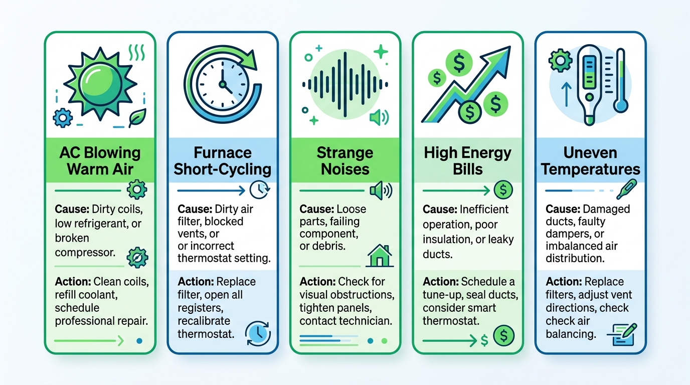 Infographic showing five common HVAC issues in Fort Worth homes with icons and recommended actions