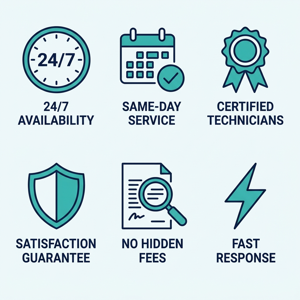 Grid of six HVAC service icons showing 24/7 availability, same-day service, certified technicians, satisfaction guarantee, no hidden fees, and fast response