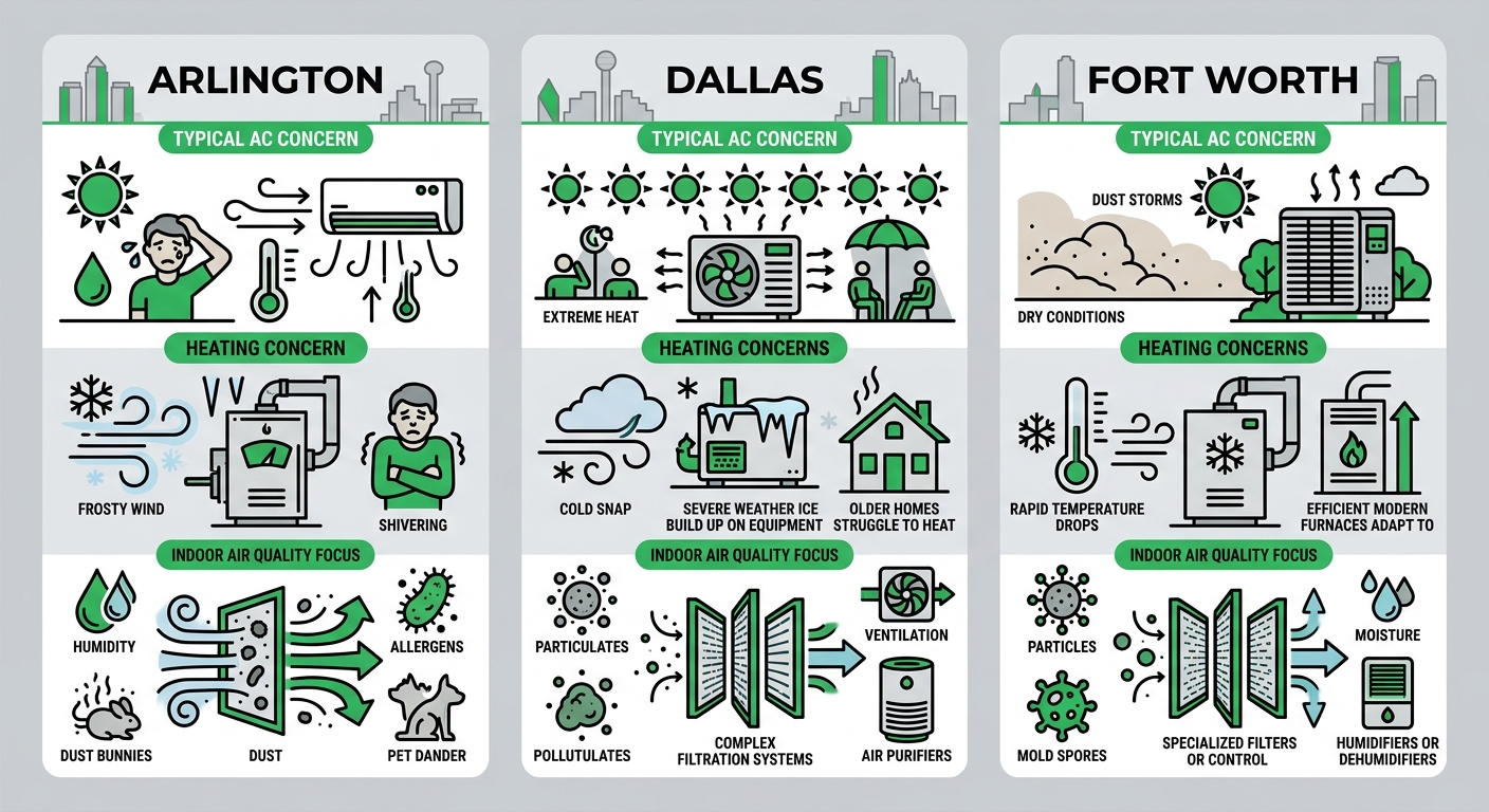 Infographic comparing HVAC challenges in Arlington, Dallas, and Fort Worth with city-specific icons for AC, heating, and indoor air quality.