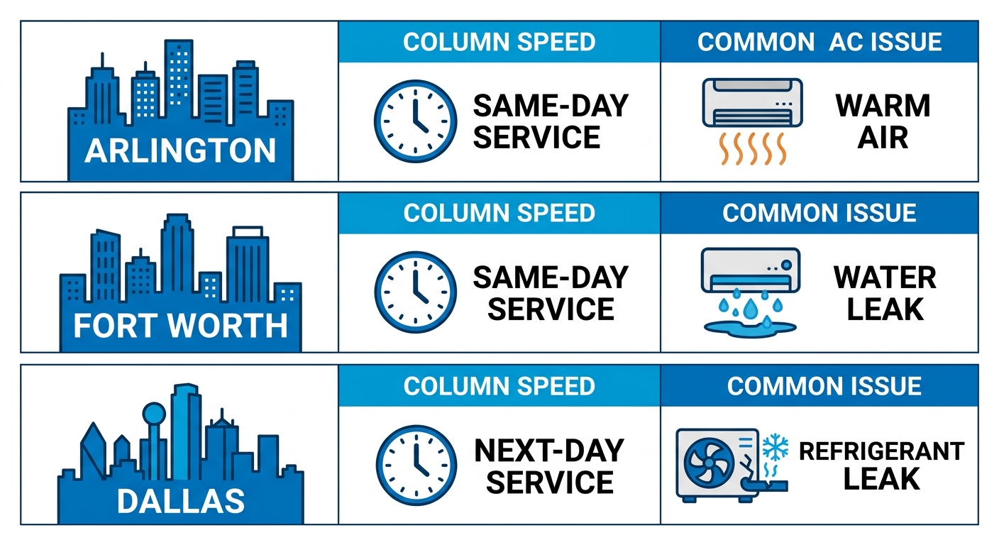 Three-column comparison infographic showing AC repair responsiveness and common issues across Arlington, Fort Worth, and Dallas