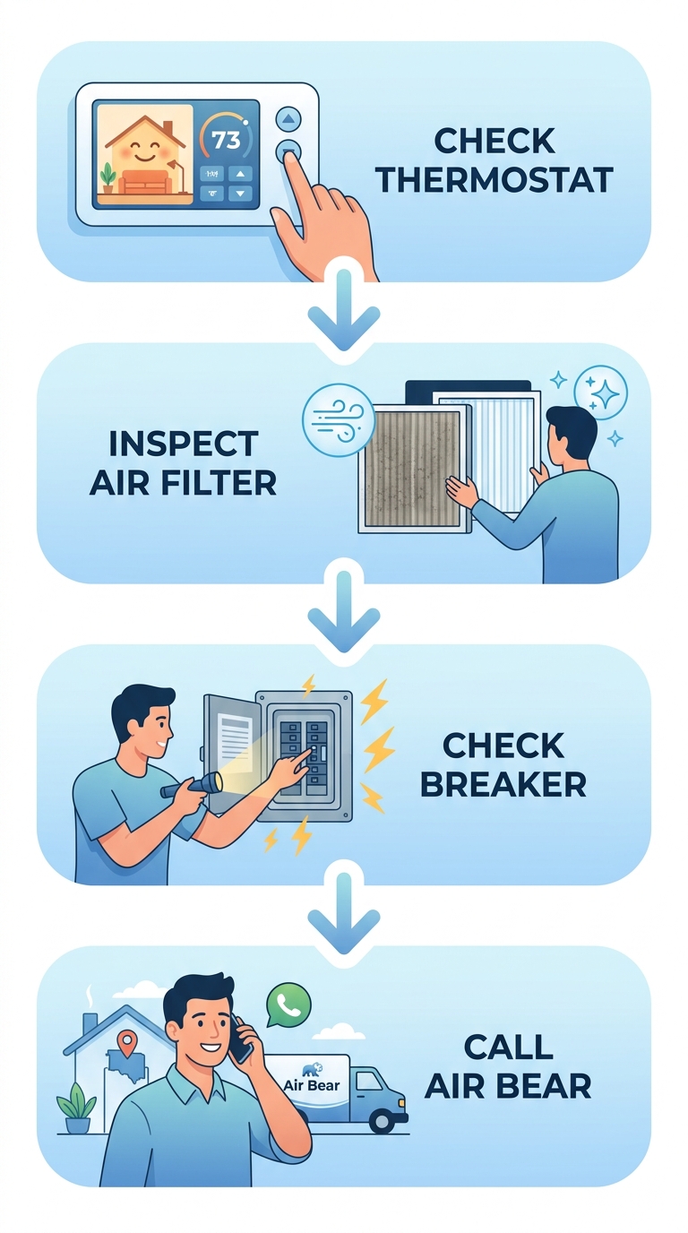 Diagram of four steps to troubleshoot an AC problem in Arlington, from checking the thermostat to calling Air Bear.