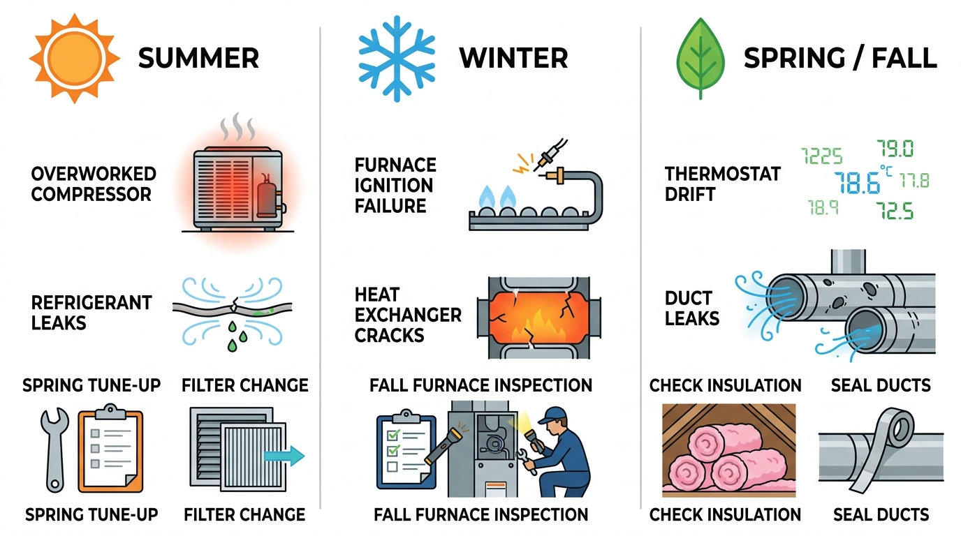 Infographic comparing Dallas HVAC issues by season