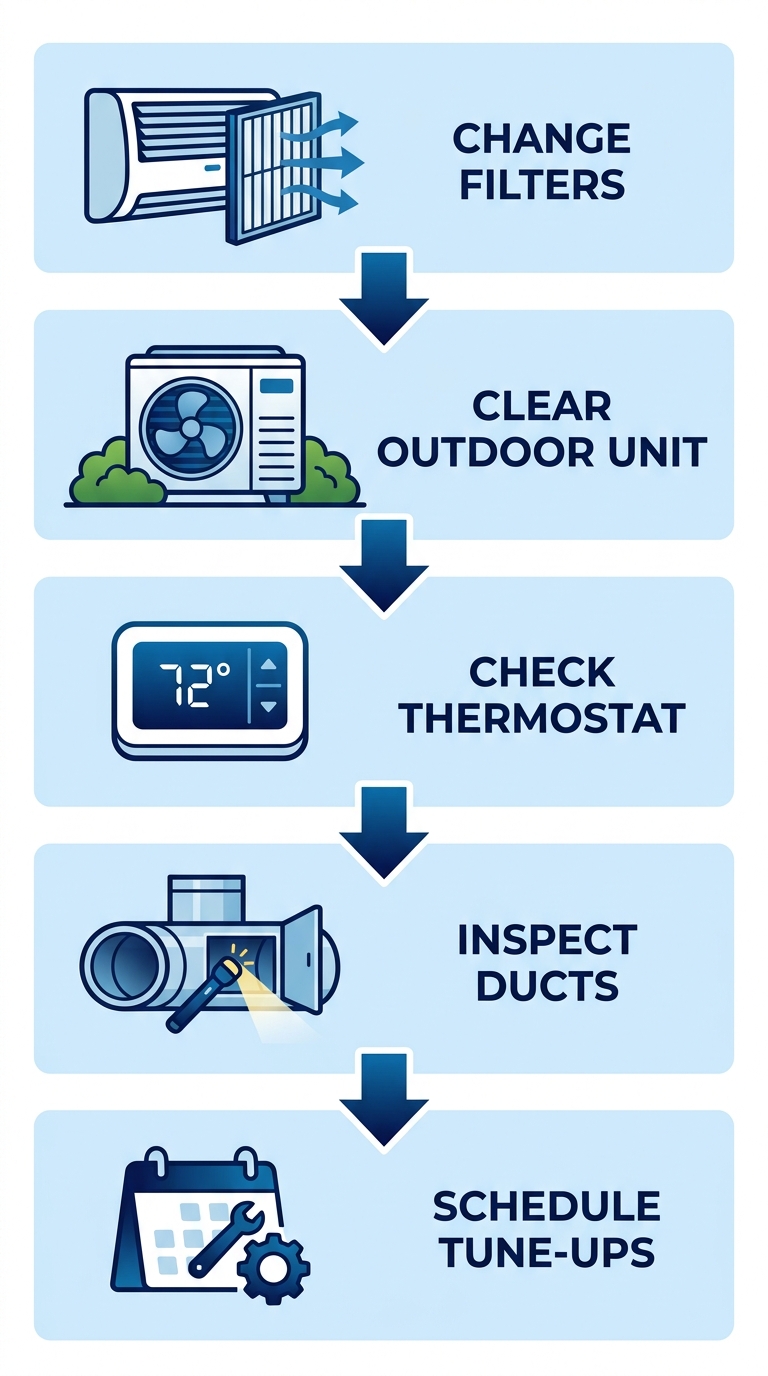 Vertical process flow diagram showing five steps for HVAC maintenance