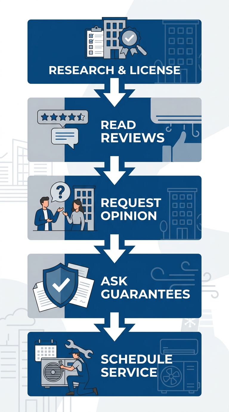 Vertical process flow with five steps to start with a new HVAC provider: Research & License, Read Reviews, Request Opinion, Ask Guarantees, Schedule Service. Simple icons and blue arrows connecting stages.