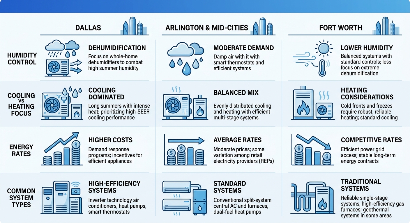 Three-column infographic comparing HVAC considerations across Dallas, Arlington/Mid-Cities, and Fort Worth with icons for humidity, cooling/heating focus, energy rates, and system types.