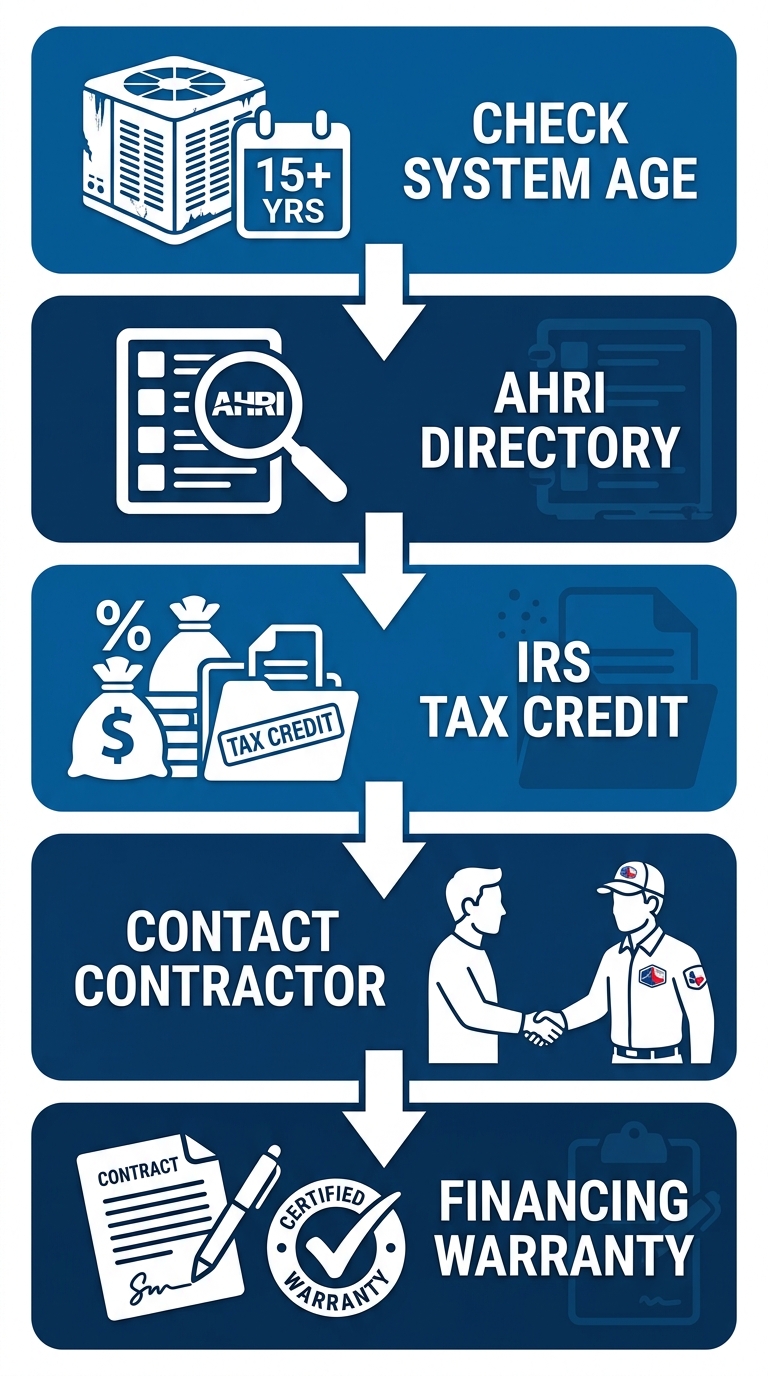 Five-step vertical process flow for AC installation project in Dallas, showing stages from checking system condition to financing.