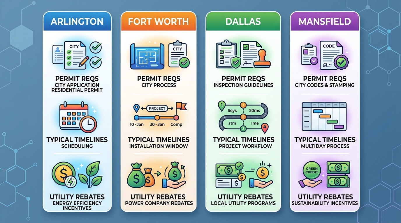 Infographic comparing AC installation considerations across four DFW cities: Arlington, Fort Worth, Dallas, Mansfield, with color-coded columns and icons for permit requirements, timelines, and rebates.