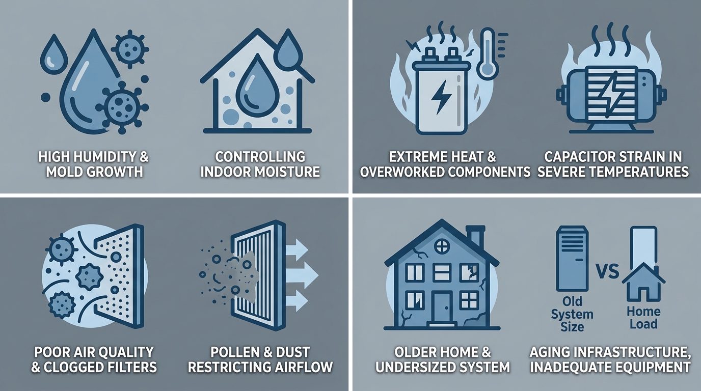 Infographic showing four HVAC stress factors in Fort Worth: humidity and mold, extreme heat, poor air quality, and older homes with undersized systems.