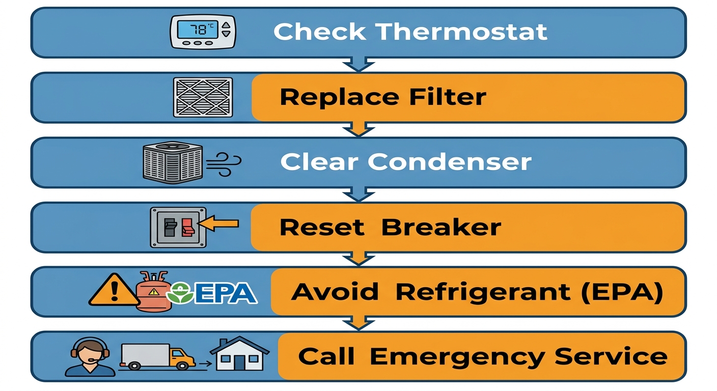 Diagram showing six steps when air conditioner fails in Dallas: check thermostat, replace filter, clear condenser, reset breaker, avoid refrigerant, call emergency service.