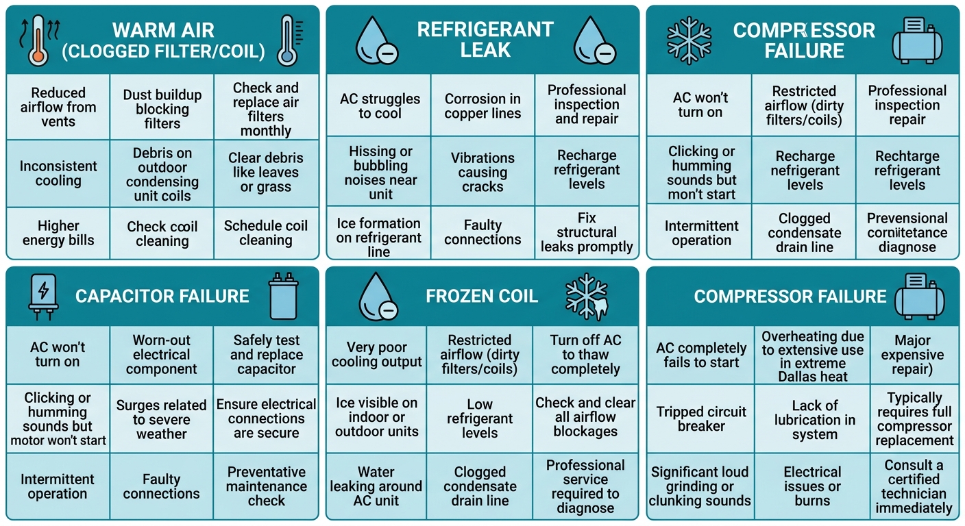 Infographic showing five common AC problems for Dallas homeowners: warm air from clogged filter or coil, refrigerant leak, capacitor failure, frozen coil, and compressor failure, each with cause and recommended action.