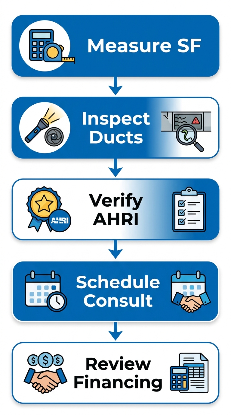 Vertical process flow showing five steps to start an AC installation project: measure square footage, inspect ductwork, verify AHRI certified equipment, schedule free in-home consultation, and review financing options.