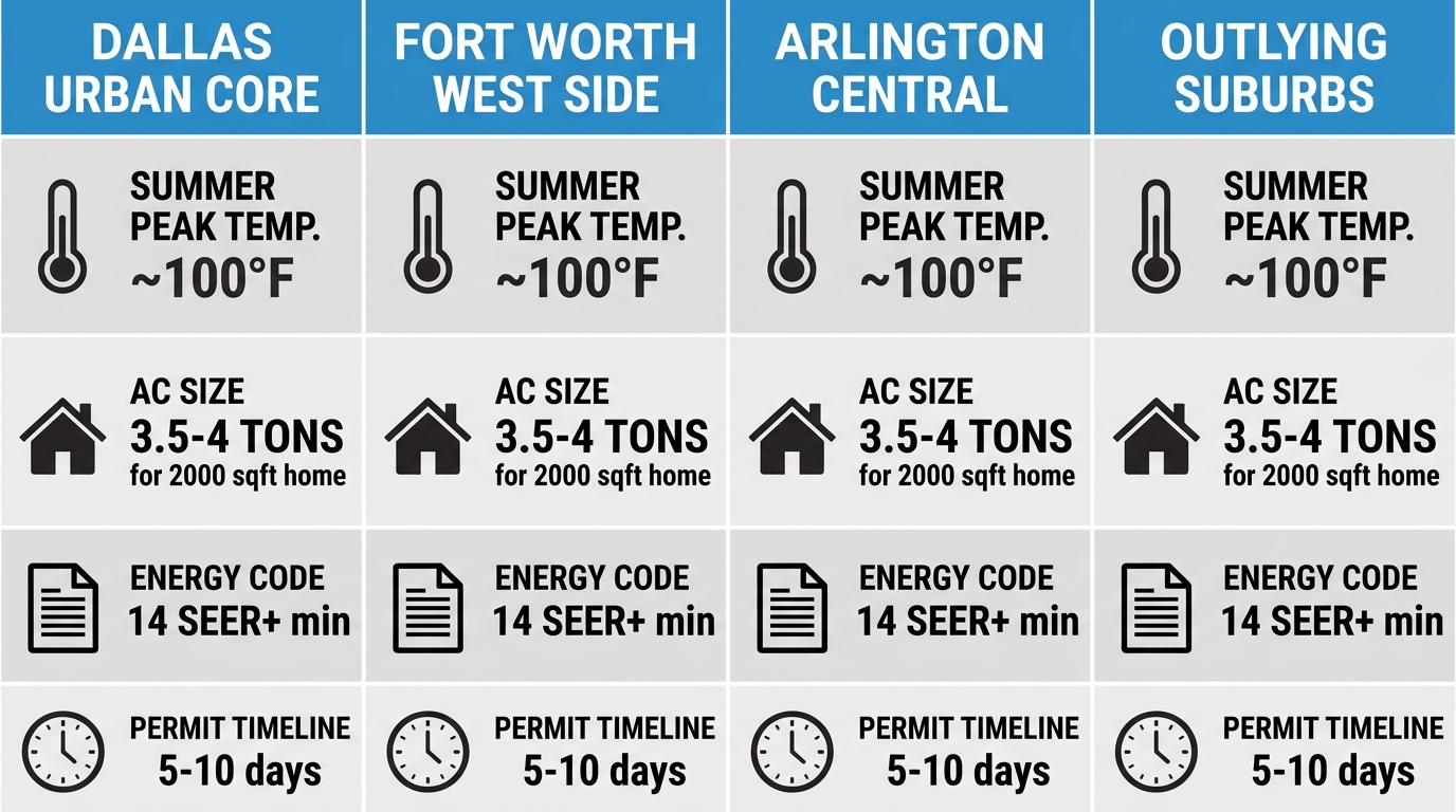 Infographic comparing DFW climate zones: Dallas Urban Core, Fort Worth West Side, Arlington Central, and Outlying Suburbs with peak summer temperature, recommended AC size, energy code, and permit timeline.