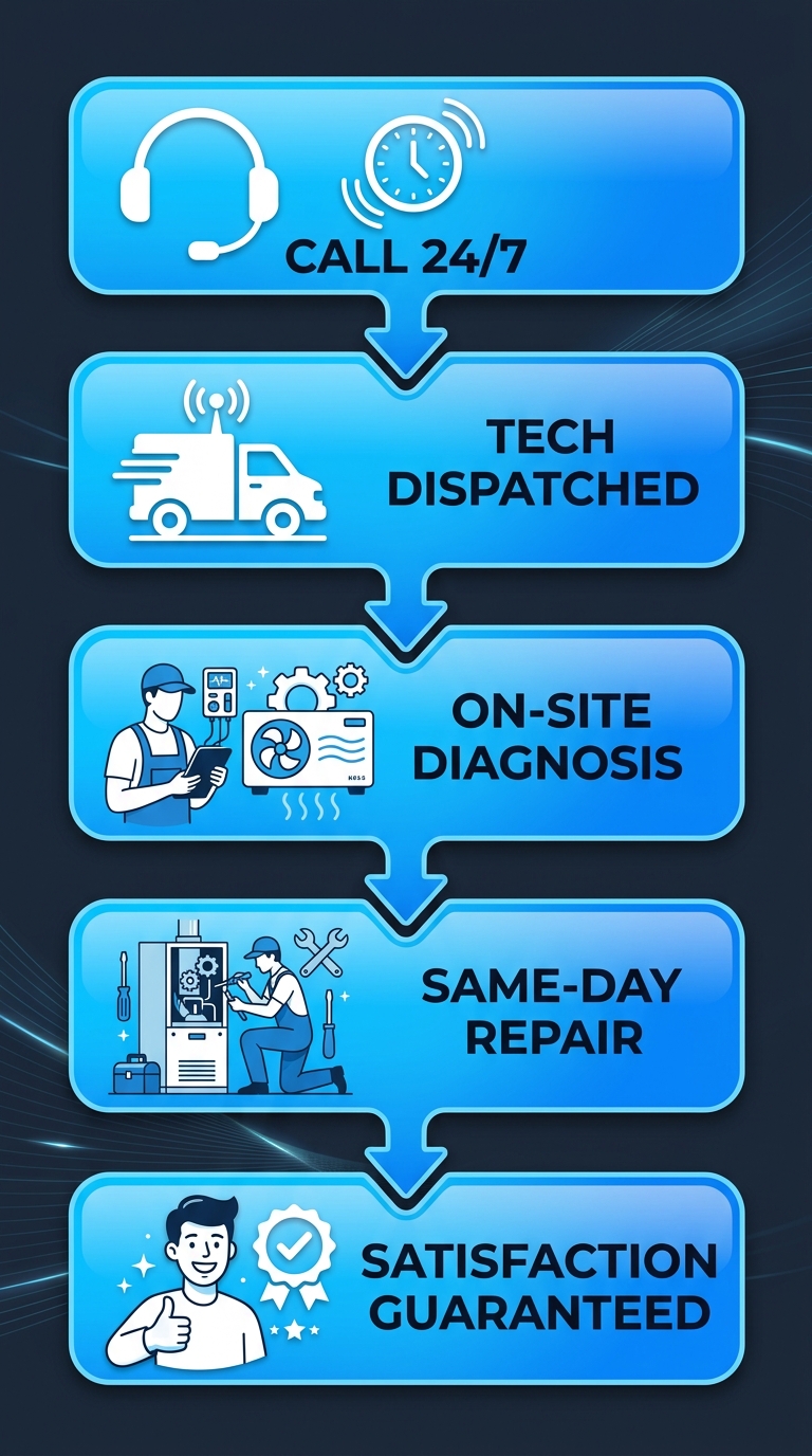 Vertical process flow diagram with 5 stages showing Air Bear Heating & Cooling emergency HVAC service steps: Call 24/7, Technician Dispatched, On-Site Diagnosis, Same-Day Repair, and Satisfaction Guaranteed, connected by downward arrows with blue gradient stages, white icons, and dark text.