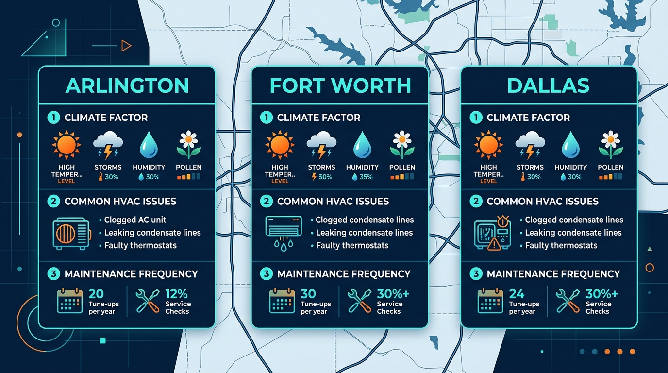 Geographic infographic of Dallas-Fort Worth metroplex with three highlighted areas: Arlington, Fort Worth, and Dallas showing climate factors and HVAC maintenance information
