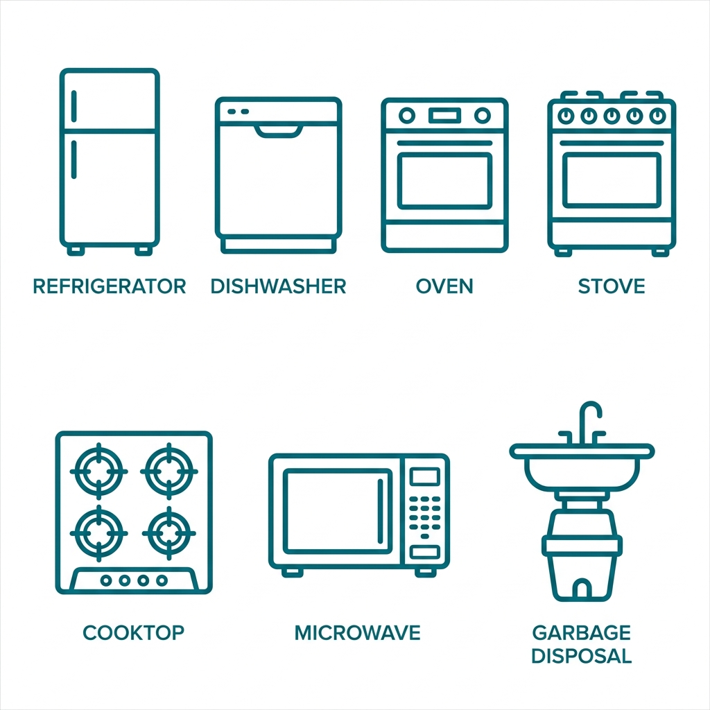Seven outlined icons of kitchen appliances repaired by Complete Repair LLC in Black Diamond, Washington. Icons include refrigerator, dishwasher, oven, stove, cooktop, microwave, and garbage disposal, each with a teal outline and label.