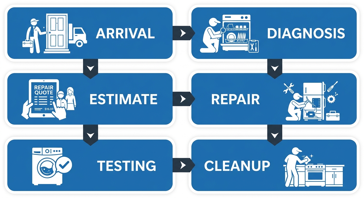 Six-stage vertical process flow for a kitchen appliance repair visit, showing technician arrival, diagnosis, upfront estimate, repair, testing, and cleanup.