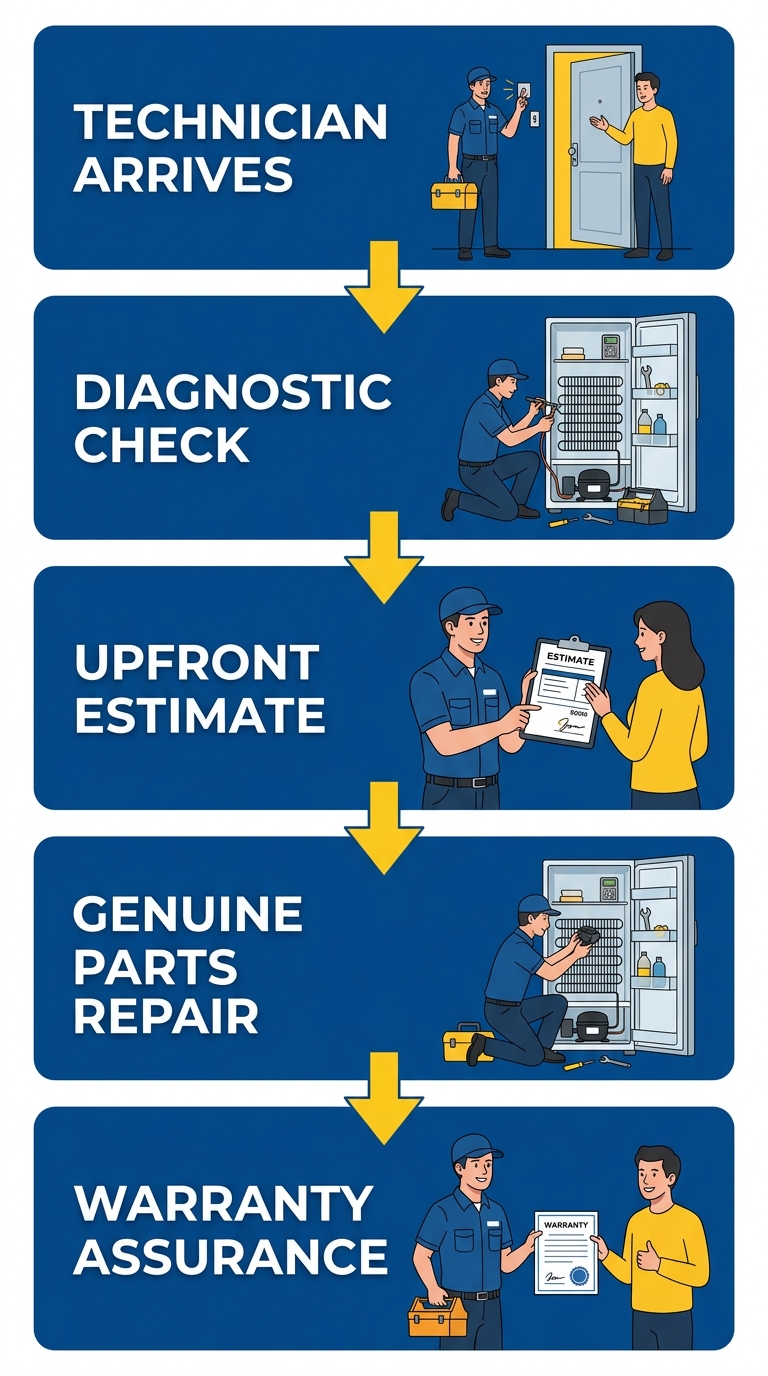 Vertical process flow of 5 steps for refrigerator repair service: Technician Arrives, Diagnostic Check, Upfront Estimate, Genuine Parts Repair, and Warranty Assurance.