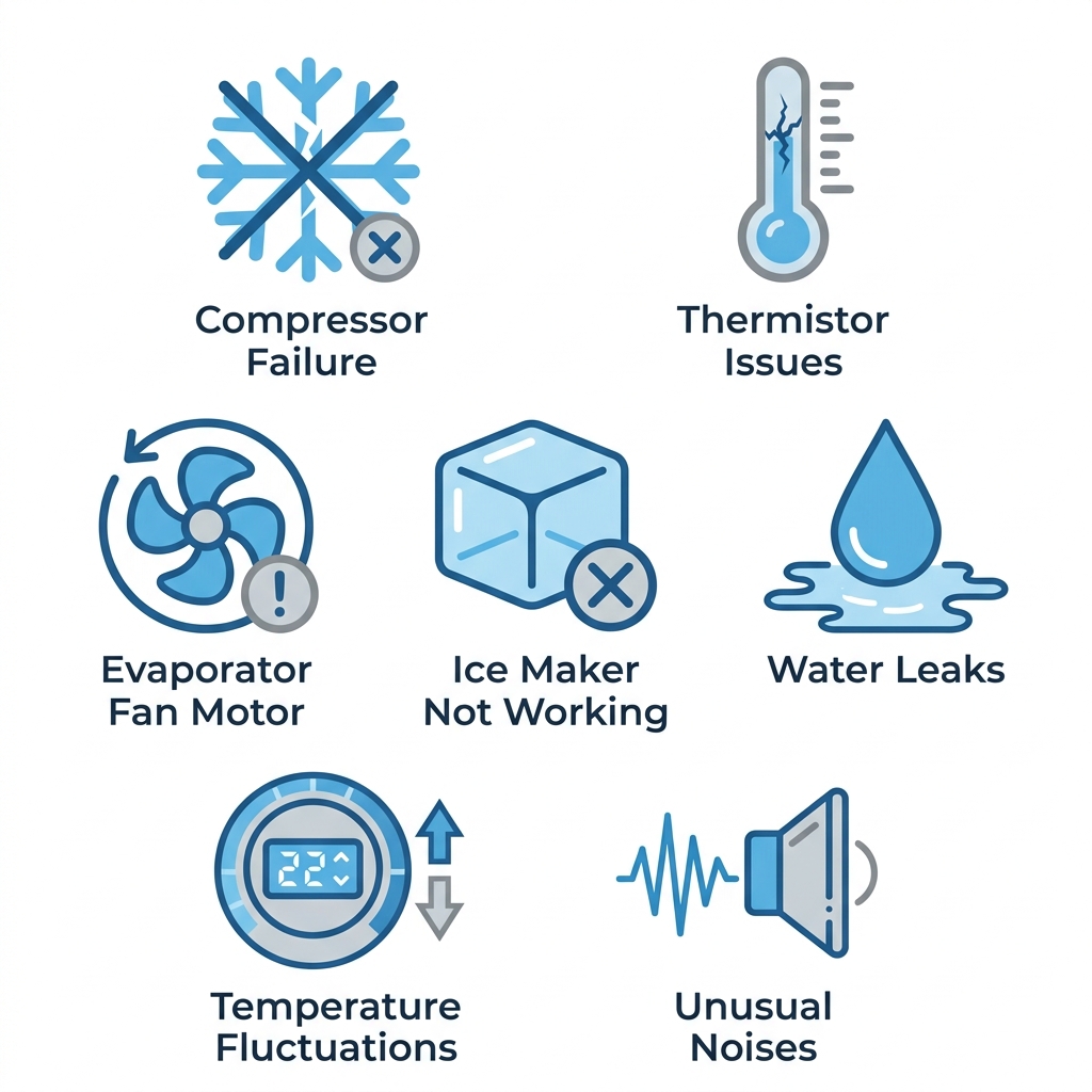 Grid of seven clean flat-style icons representing common refrigerator and Sub-Zero problems, including compressor failure, thermistor issues, evaporator fan motor, ice maker not working, water leaks, temperature fluctuations, and unusual noises, each labeled on a white background.