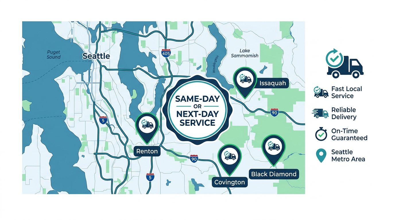 Regional infographic showing service area coverage for appliance repair across Seattle metro communities including Black Diamond, Issaquah, Covington, and Renton with same-day or next-day service highlighted.