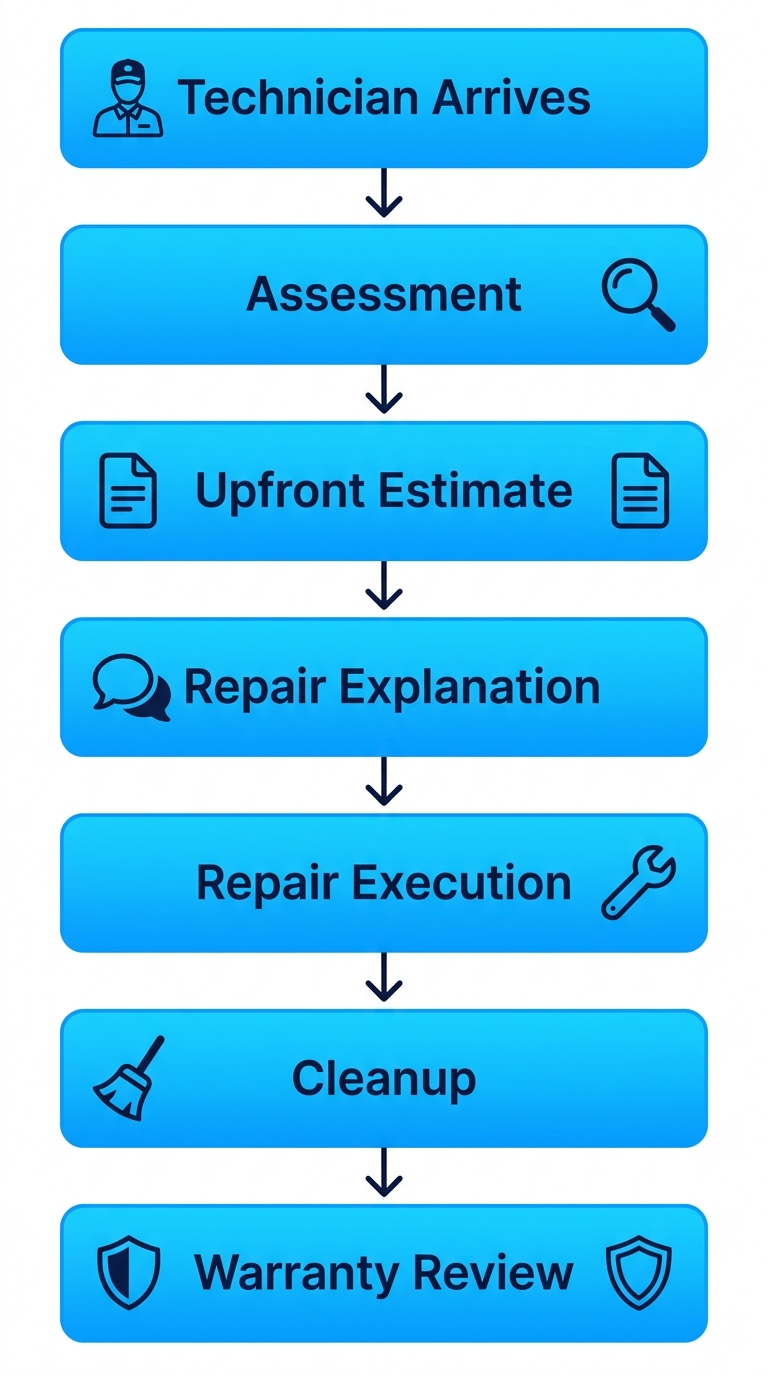 Vertical process flow diagram showing seven sequential steps of an appliance repair visit: Technician Arrives, Assessment, Upfront Estimate, Repair Explanation, Repair Execution, Cleanup, and Warranty Review, with rounded rectangles and connecting arrows in blue gradient.