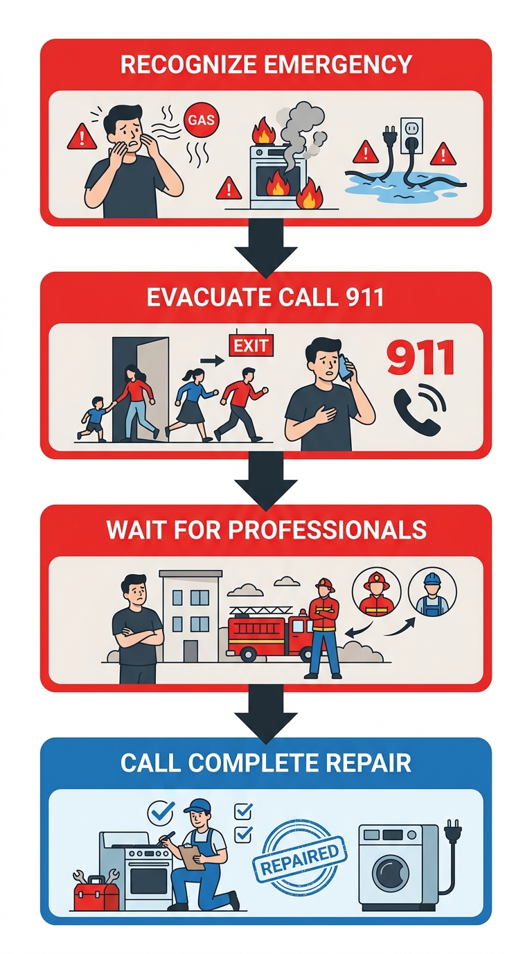 Emergency response and appliance repair process flow showing four steps from recognizing hazards to calling Complete Repair LLC.