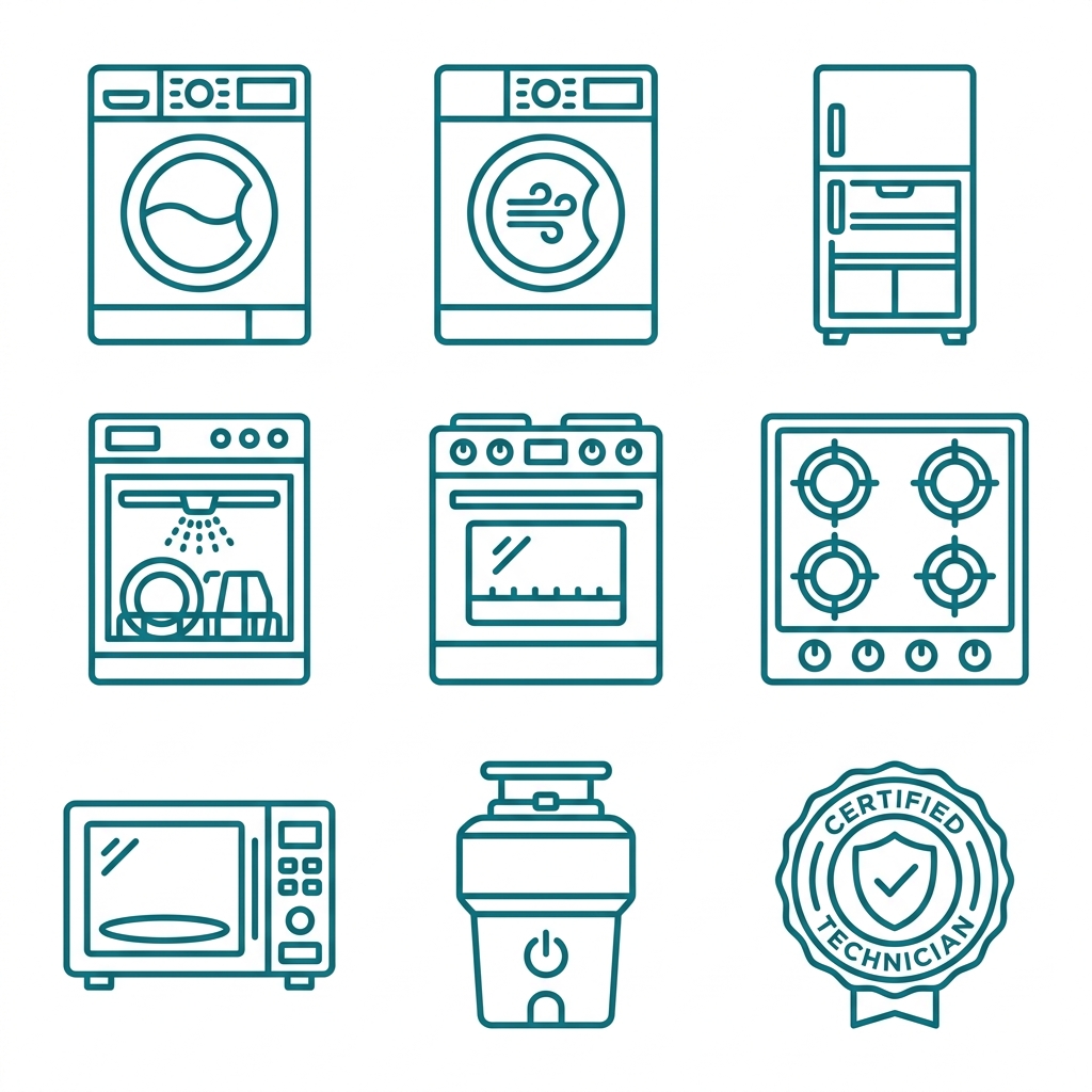 3x3 grid of appliance icons representing common repairs: washer, dryer, refrigerator, dishwasher, oven, stove, microwave, garbage disposal, and a certified technician badge, all in flat outline style on a white background.