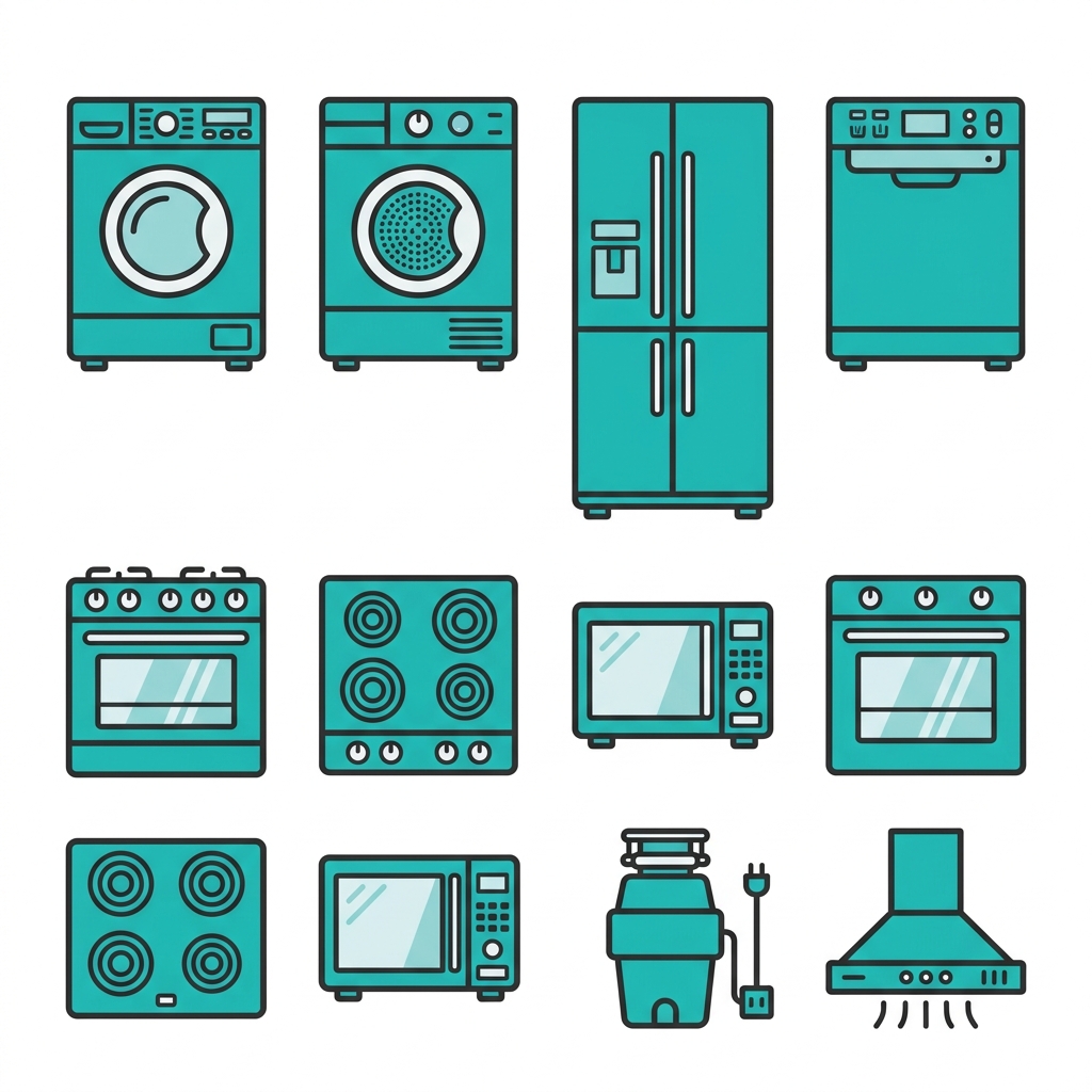 Grid of 10 appliance icons including washer, dryer, refrigerator, dishwasher, oven, stove, cooktop, microwave, and garbage disposal, arranged in two rows.